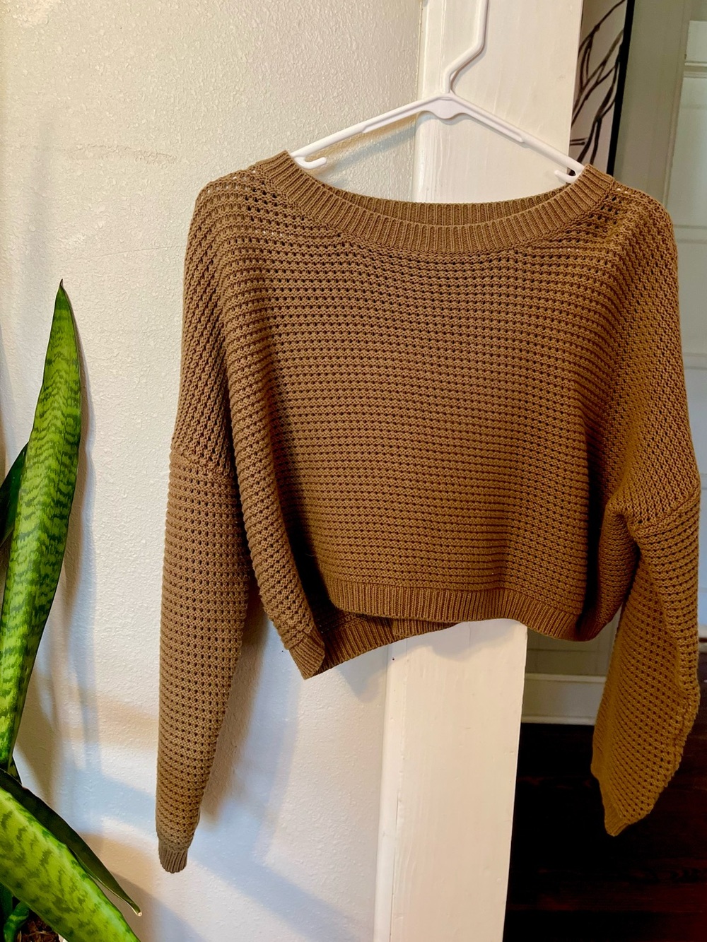 Cropped Army Green Waffle Knit Sweater